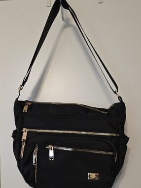 Black Crossbody Shoulder Bag with Gold Hardware - Women
